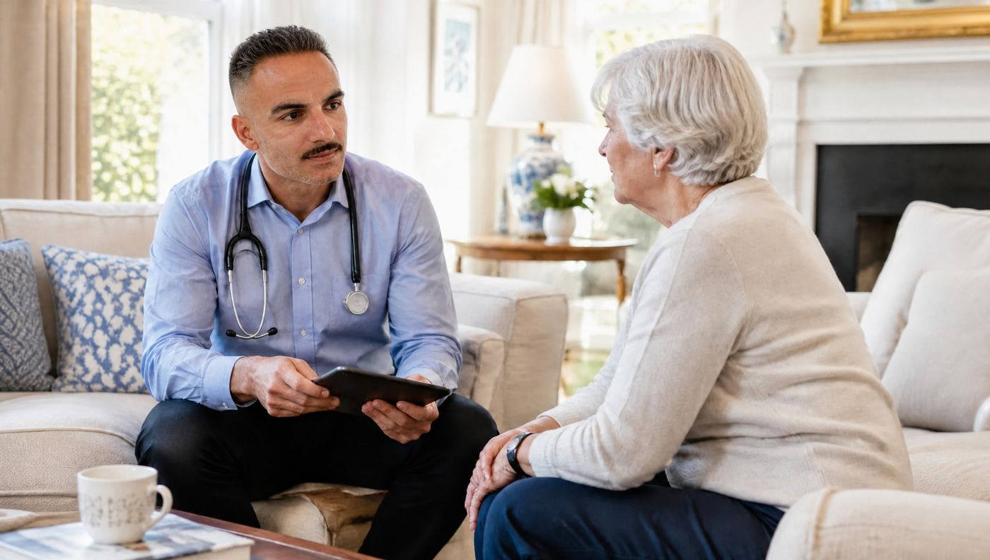 Dr. Saman, English-speaking doctor, during a home visit with an older patient on the Costa del Sol